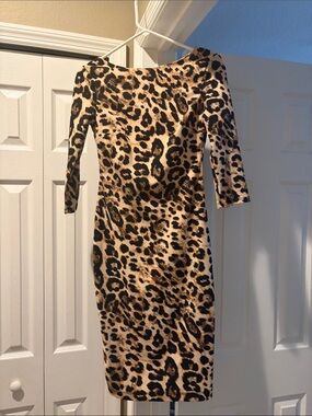 Leopard Print Midi Dress in Tan and Black - Sleek Boatneck Style